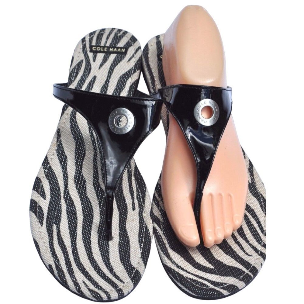 Cole Haan Tabitha Zebra Pattern Black Patent Leather Flip Flop Thong Sandals 11B